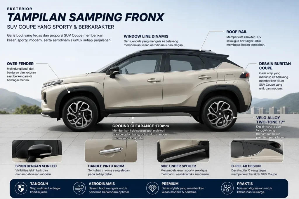 Tampilan samping Suzuki Fronx dengan velg alloy two-tone